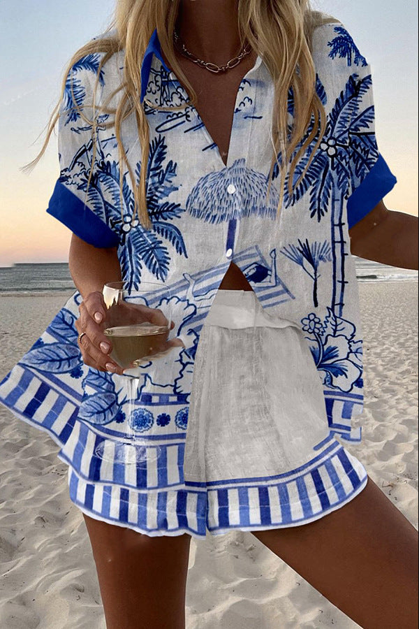 Zanika - Short Linen Suit With Palm Tree Print