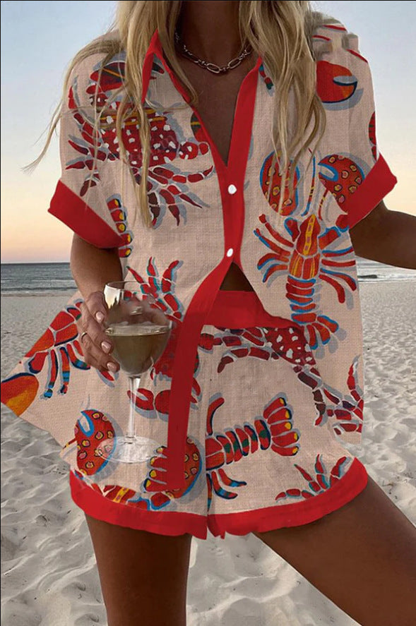 Daphira - Short Linen Suit With Lobster Print