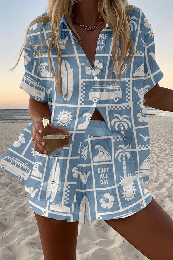Trenara - Short Linen Suit With Caravan Print