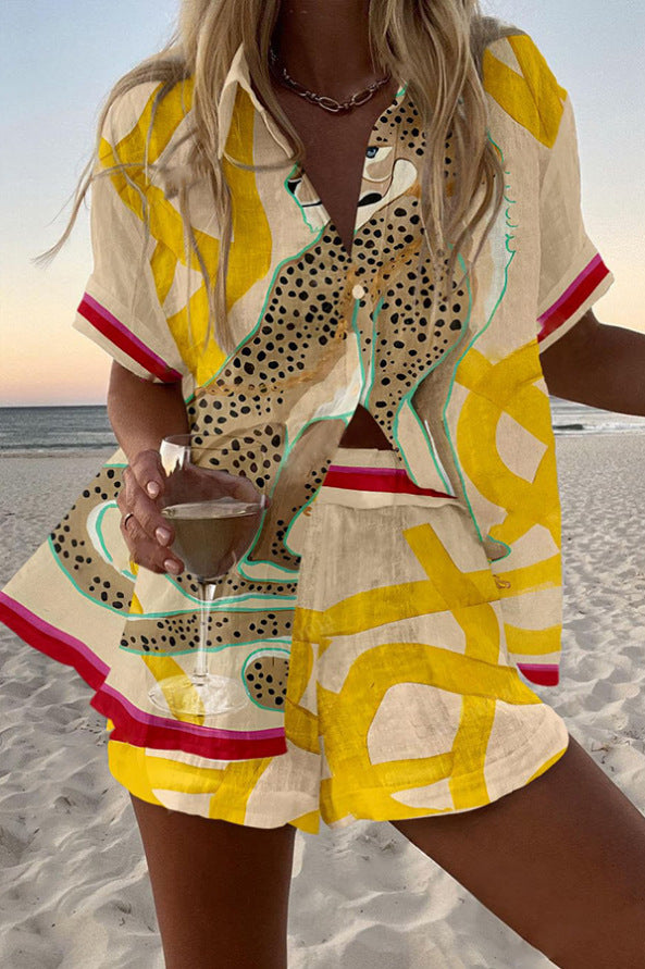Casima - Short Linen Set With Cheetah Print