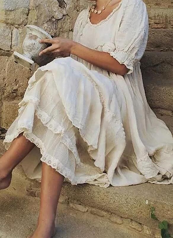 Tannaz - Comfortable Round Neck And Short Sleeve Ruffle Dress