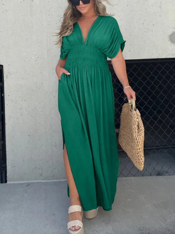Neisya - Slit V-Neck Maxi Long Dress