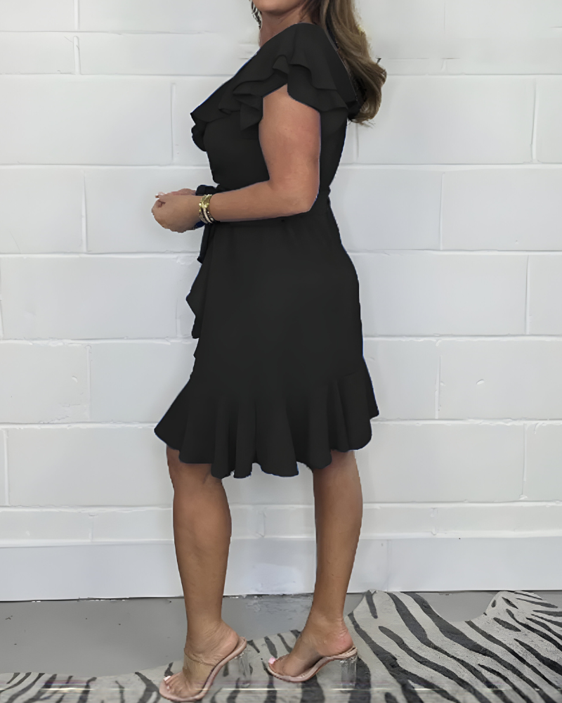 Tansy - Breathable V-neck And High Waist Ruffle Dress