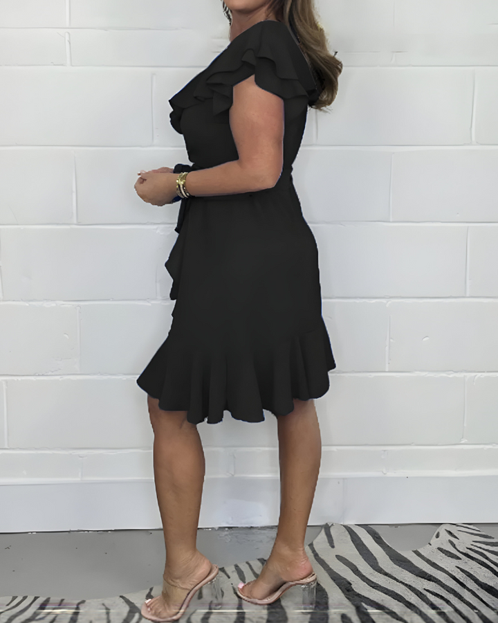 Tansy - Breathable V-neck And High Waist Ruffle Dress