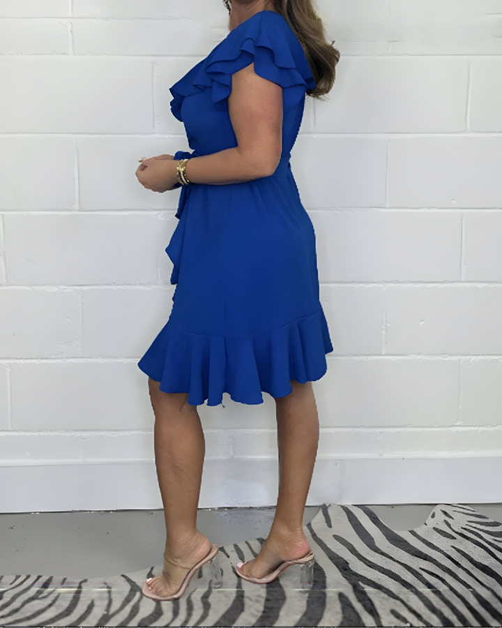 Tansy - Breathable V-neck And High Waist Ruffle Dress