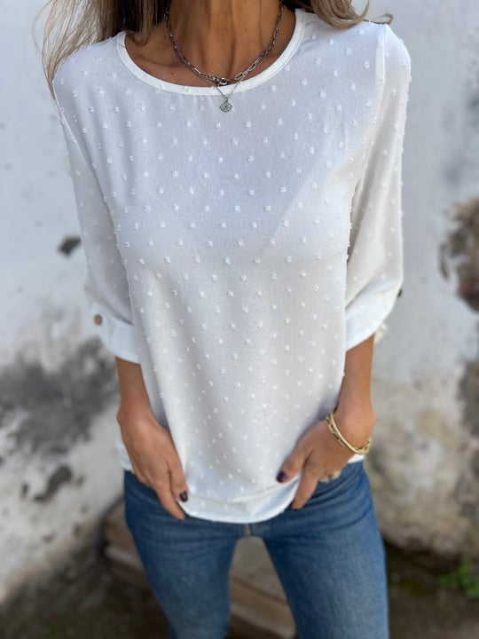 Lyutsiya - Round Neck Embroidered Large Cuffs Casual Shirt