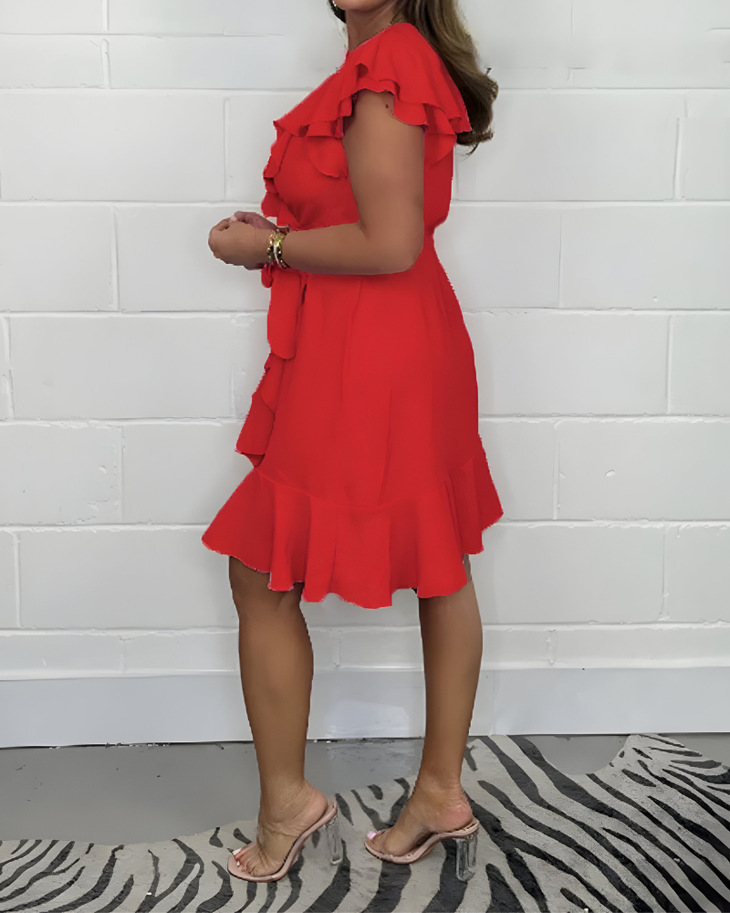 Tansy - Breathable V-neck And High Waist Ruffle Dress
