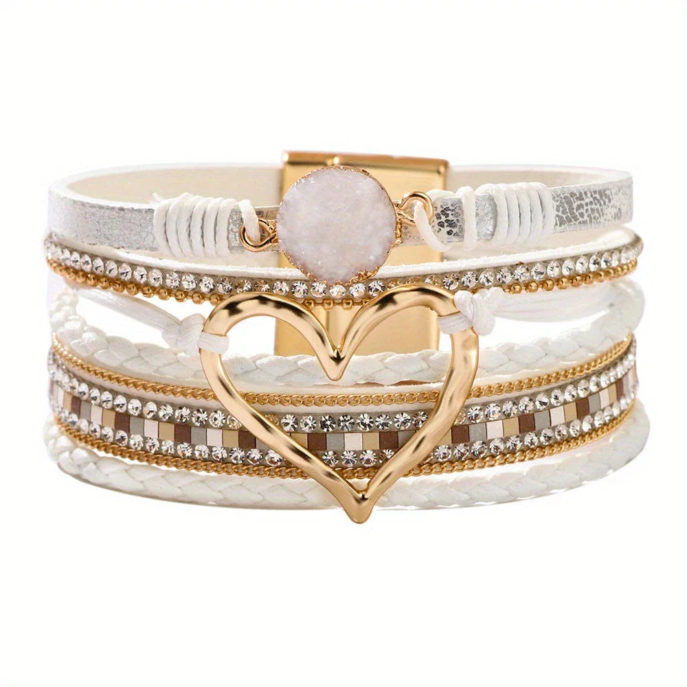 Joely - Multi Layer Leather Bracelet With Heart Design