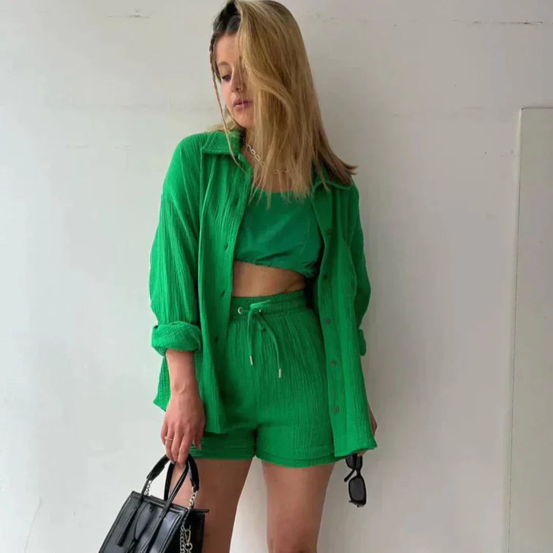 Katelyn - Two Piece Cotton Shirt And Shorts Set
