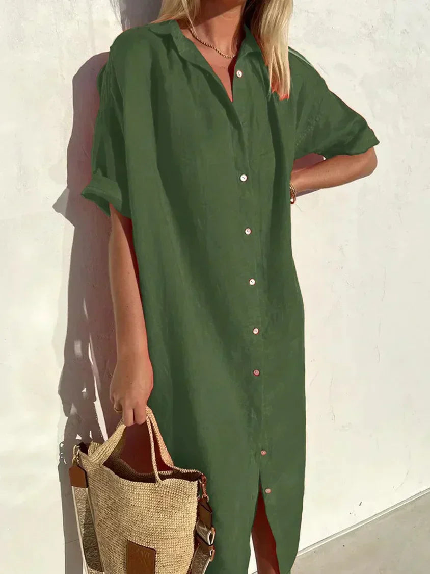 Janie - Elegant Button Closure And Linen Dress
