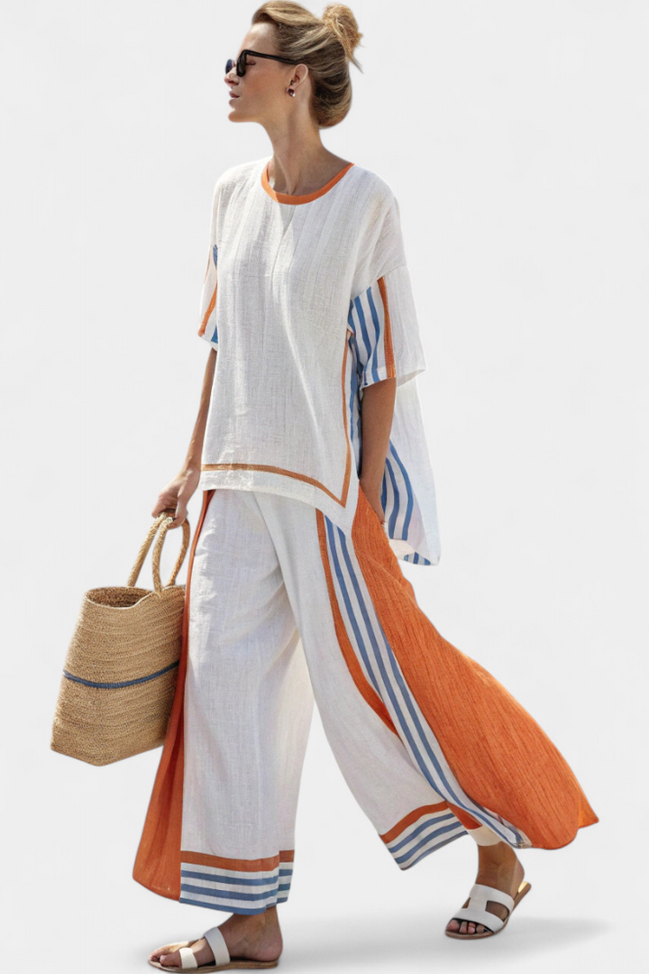 Anila - Elegant Linen Two Piece Set With Striped Design