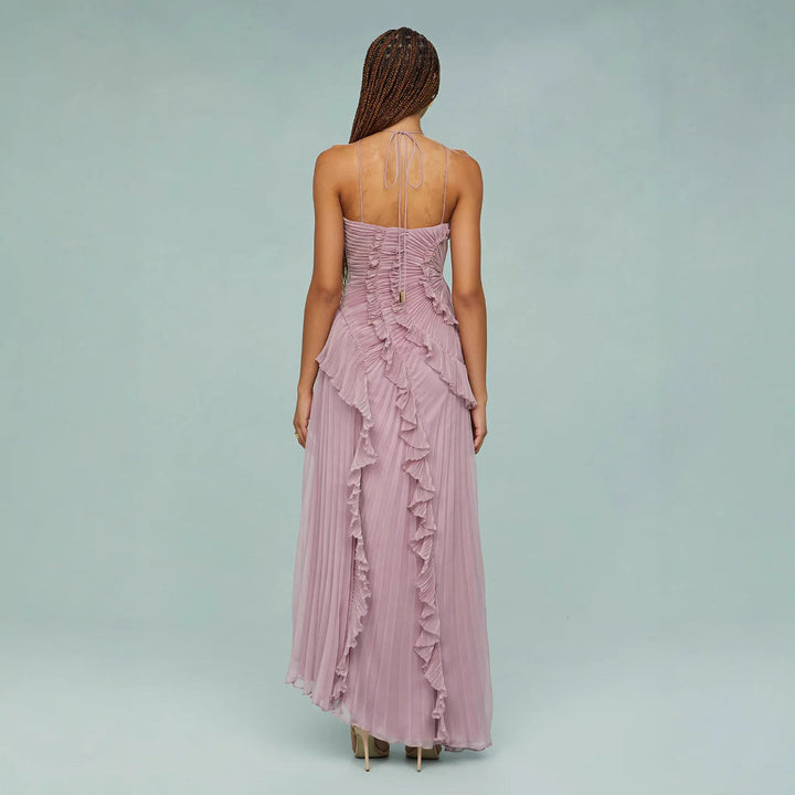 Maraike - Pleated Frill Halter Neck Maxi Dress