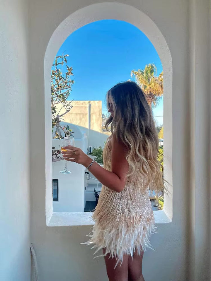 Jemima - Stylish Feather Splicing Mini Dress