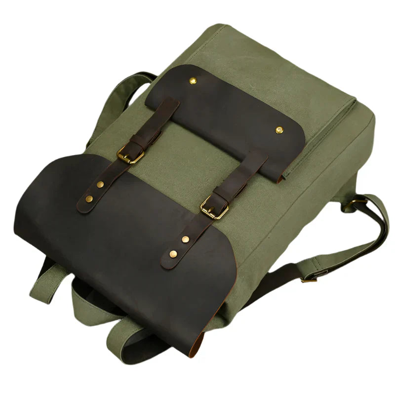 Genuine Leather & Canvas Rucksack | Vintage College Laptop Backpack