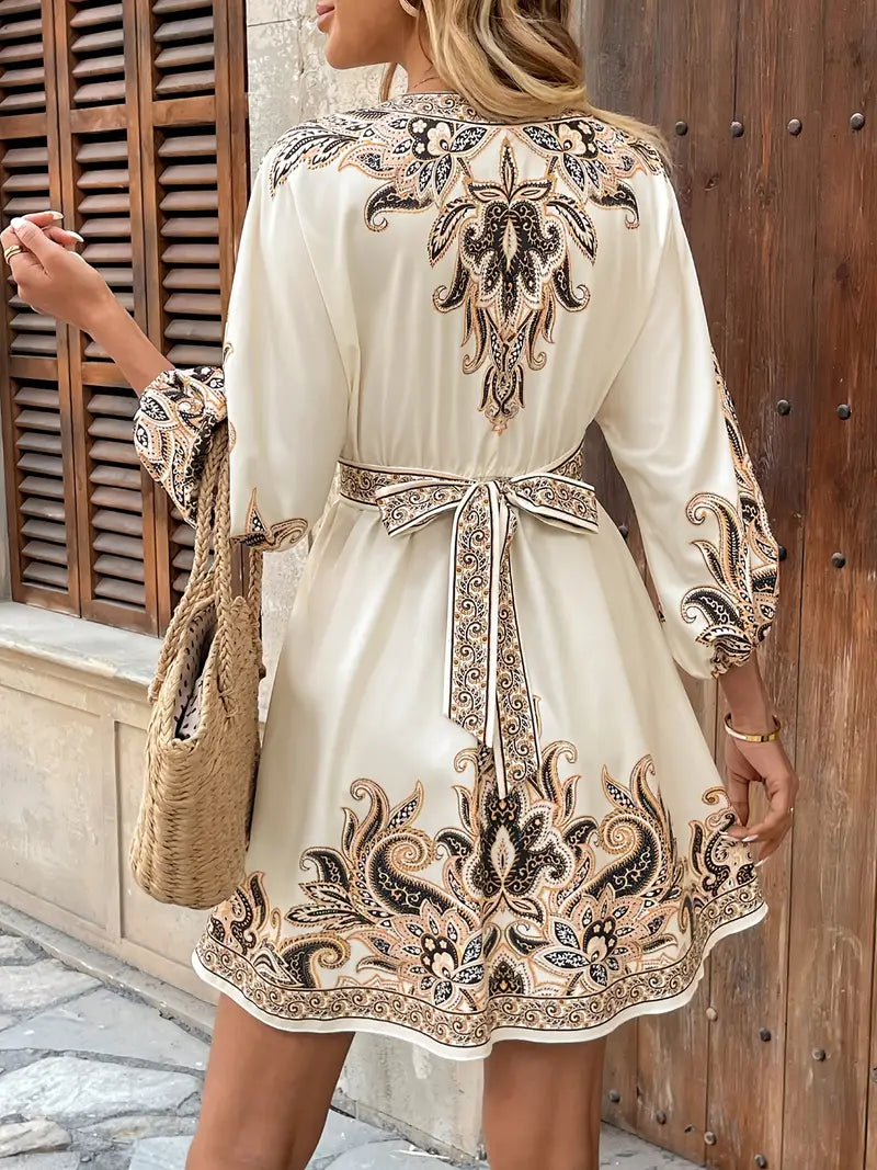 Gwenda - Paisley Print A-line V-Neck Dress