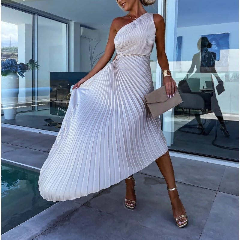 Breena - Stlyish One-Shoulder Pleated Maxi Dress