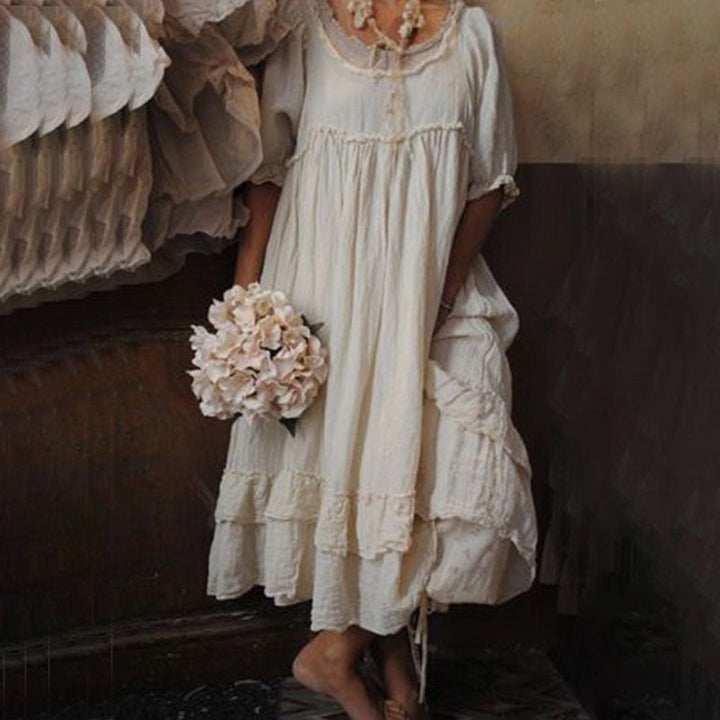 Tannaz - Comfortable Round Neck And Short Sleeve Ruffle Dress