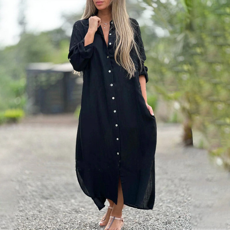 Alaina - Casual Linen Dress with Front Buttons