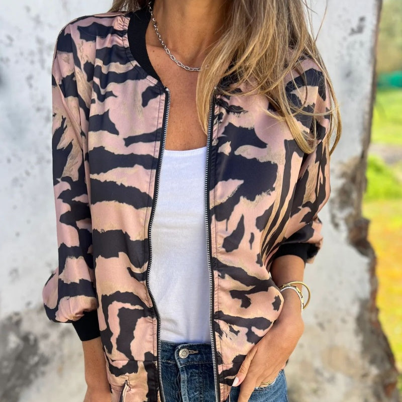 Leezi - Zebra Print Zip-Up Bomber Jacket