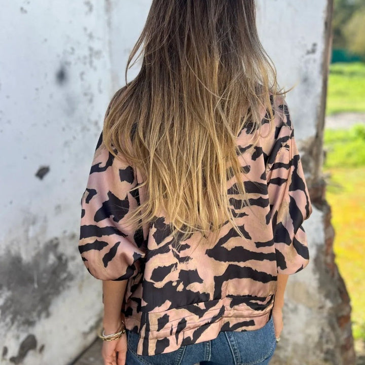 Leezi - Zebra Print Zip-Up Bomber Jacket