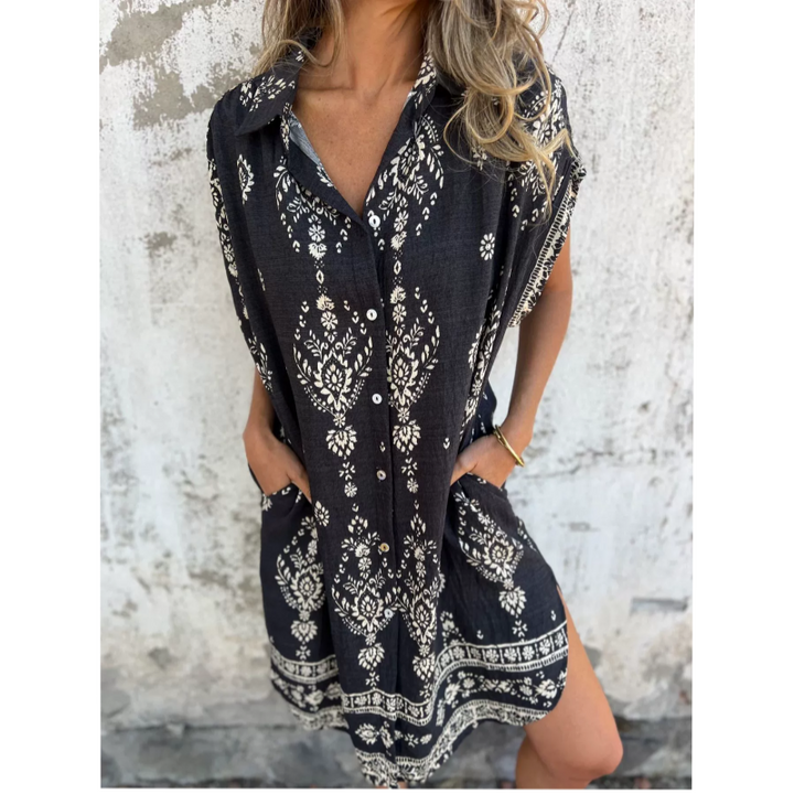 Marjorie - Loose Print Dress With Short Sleeves And Pockets