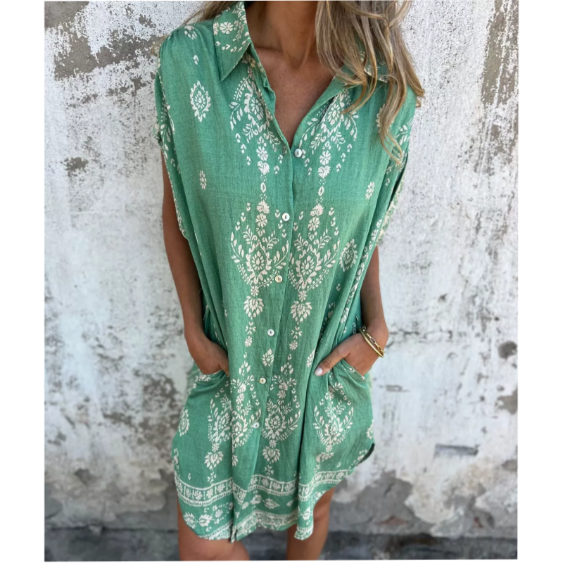 Marjorie - Loose Print Dress With Short Sleeves And Pockets