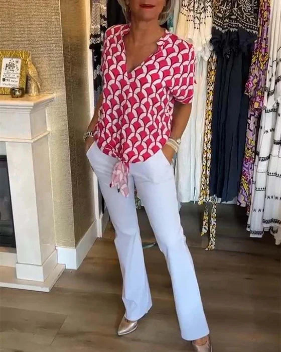 Emilya - Casual V Neck Top With Print