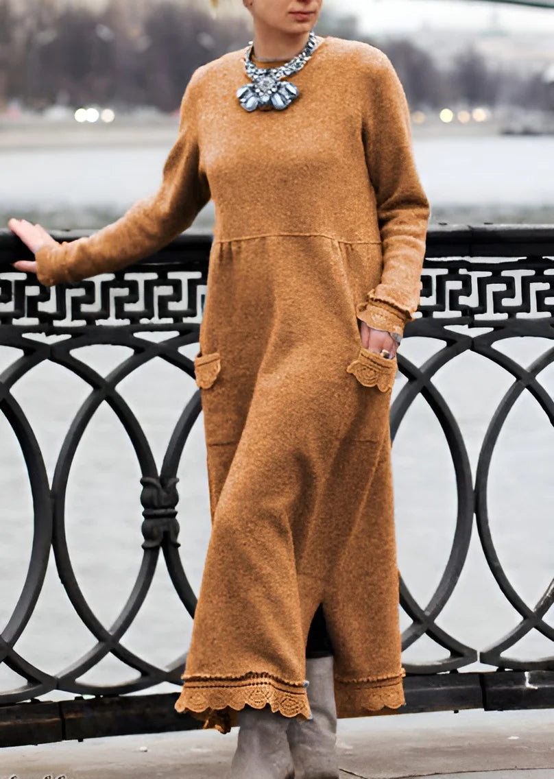 Nesrin - Casual Long Sleeve Dress With O-Neck